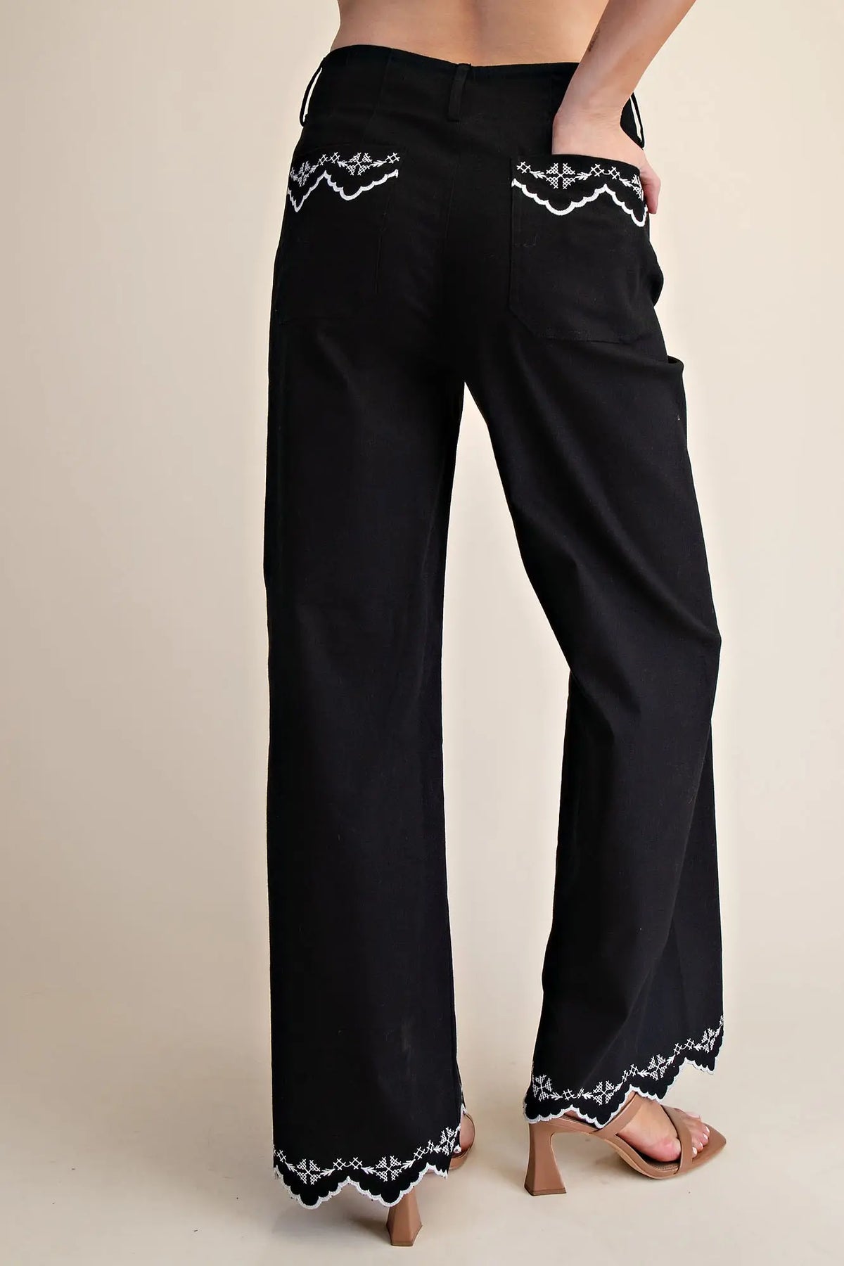 Embroidery Lace Trim Wide-Leg Pants