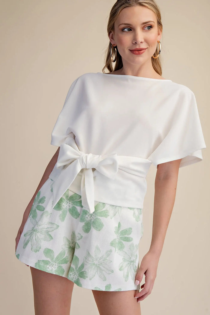 Two Way Tie Boat Neckline Bell Sleeve Knit Top