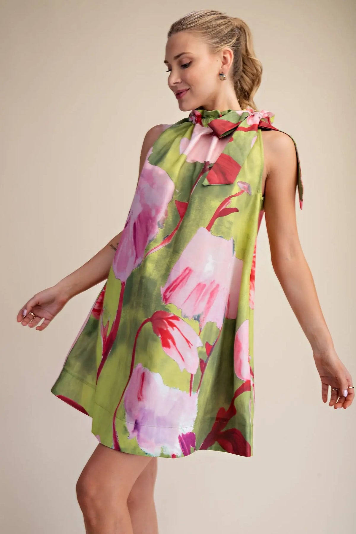 Ruffle Neck Tie Sleeveless Floral Print Mini Dress *Side Pocket