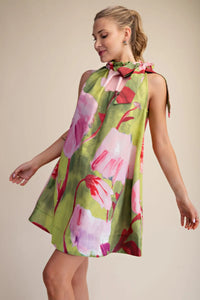 Ruffle Neck Tie Sleeveless Floral Print Mini Dress *Side Pocket