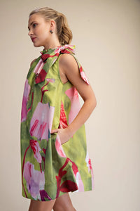 Ruffle Neck Tie Sleeveless Floral Print Mini Dress *Side Pocket