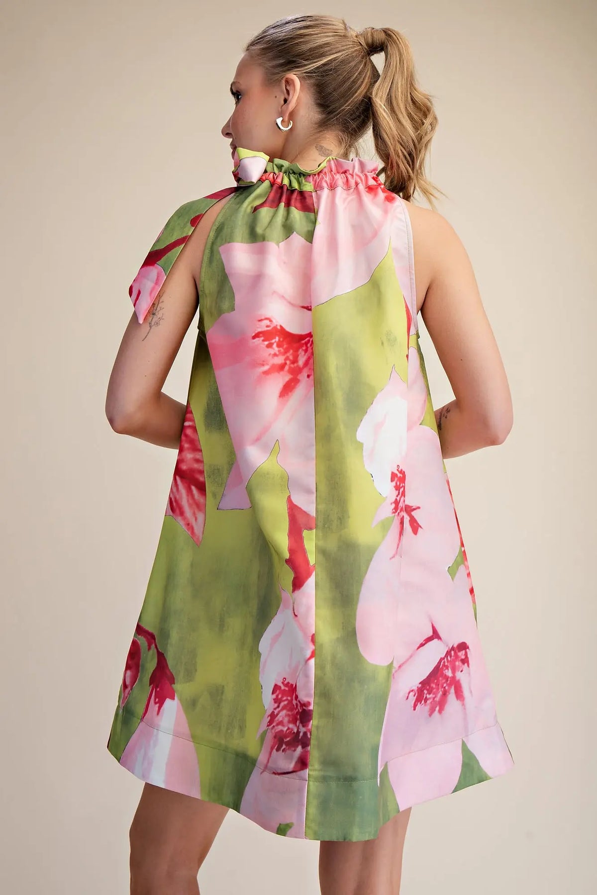 Ruffle Neck Tie Sleeveless Floral Print Mini Dress *Side Pocket