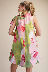 Ruffle Neck Tie Sleeveless Floral Print Mini Dress *Side Pocket