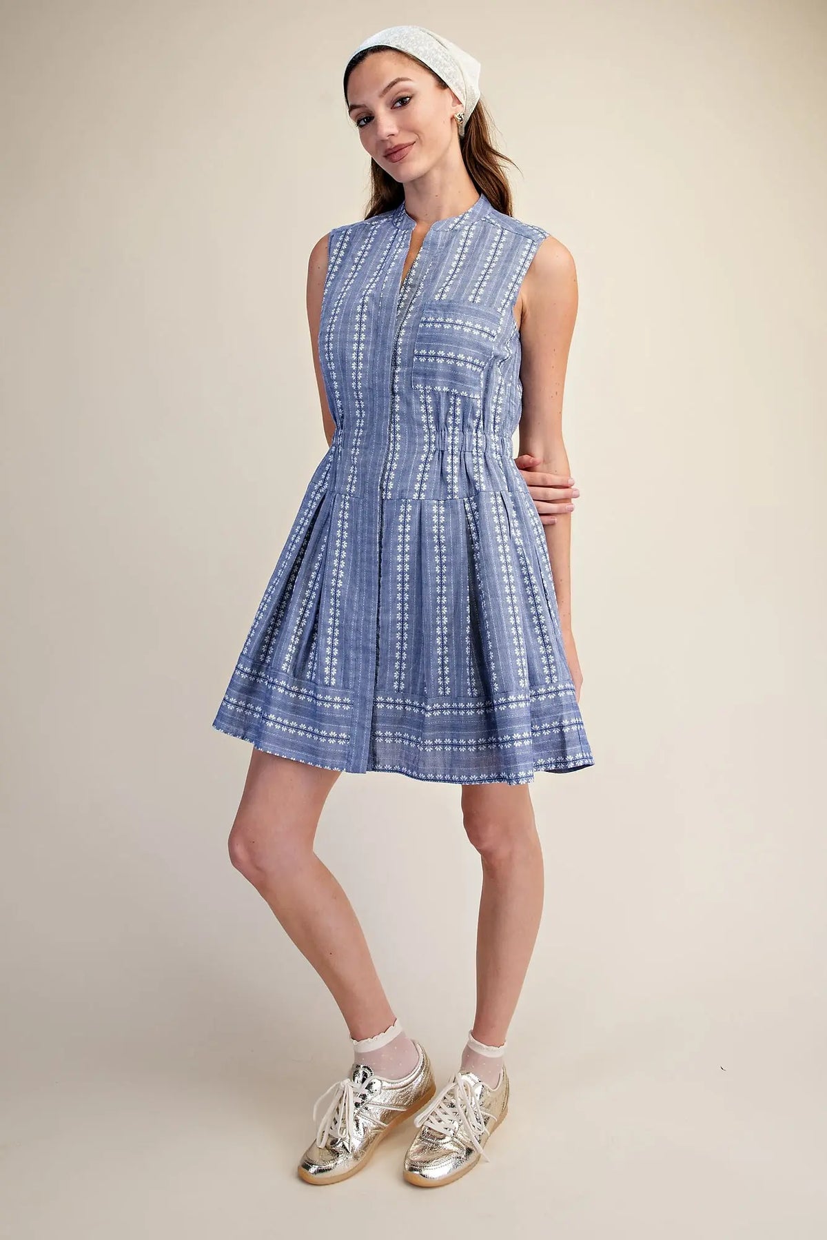 Shirt Dress Sleeveless V-Neck Fit & Flare Embroidery