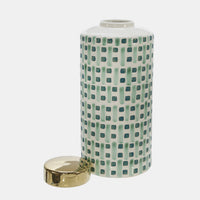 CERAMIC 13"JAR WITH GOLD LID,GREEN/WHITE