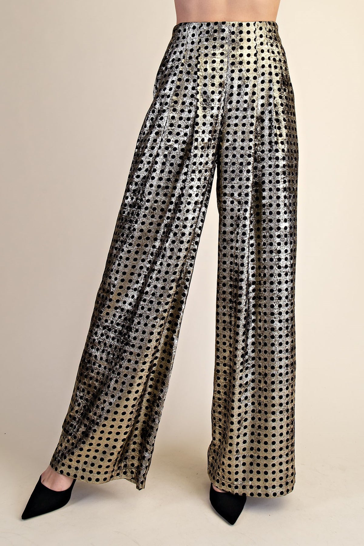Polka Dot Pleated Metallic Pants