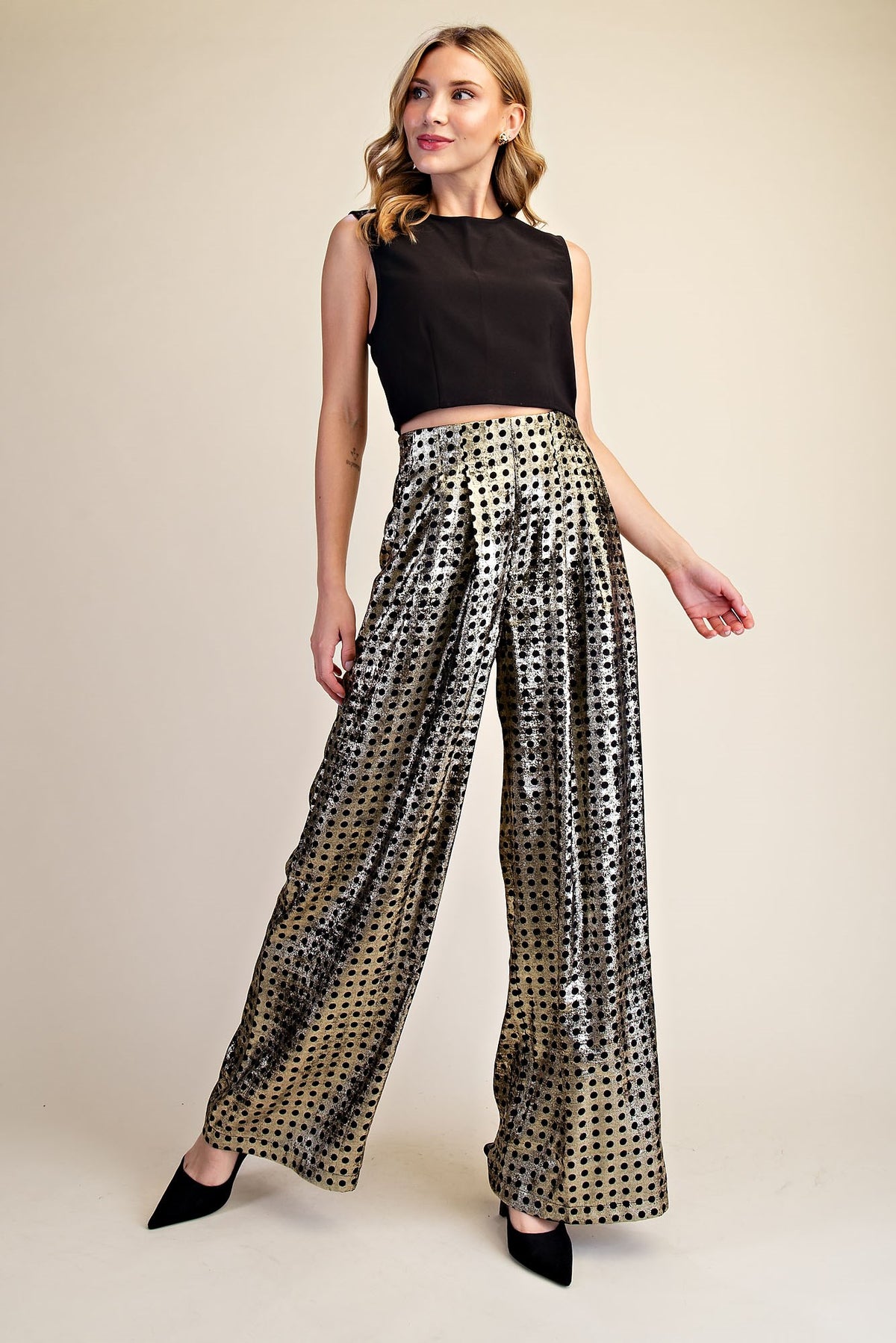 Polka Dot Pleated Metallic Pants