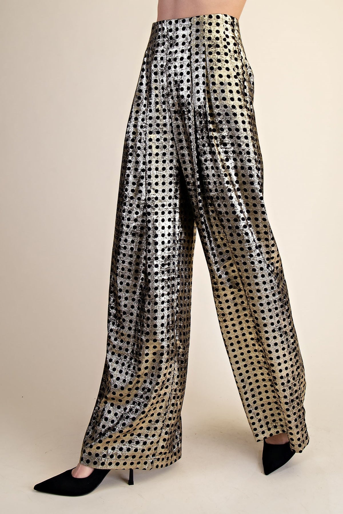 Polka Dot Pleated Metallic Pants