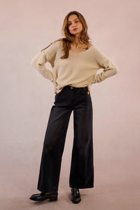Wide V-Neck Straight Knit Sweater