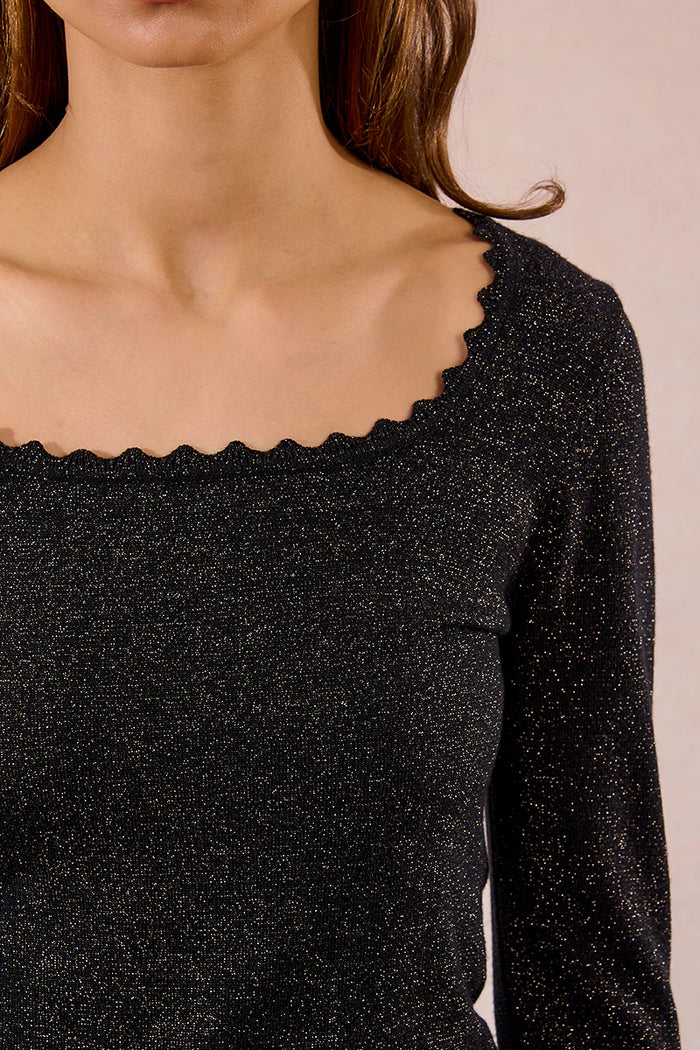 Thin Sequined Knit Sweater W/Scalloped Edges