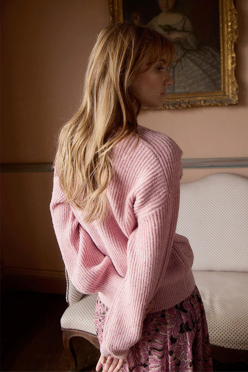 Long Balloon Sleeve Sweater Studded With Sequins