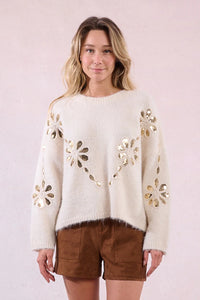 Knitted Sweater W/ Sequin Insert In Flower-Shaped Cutouts