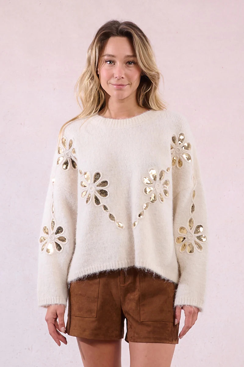Knitted Sweater W/ Sequin Insert In Flower-Shaped Cutouts