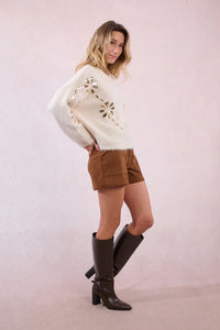 Knitted Sweater W/ Sequin Insert In Flower-Shaped Cutouts