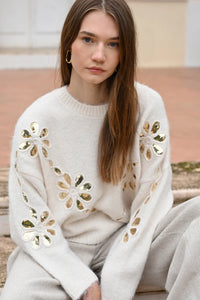 Knitted Sweater W/ Sequin Insert In Flower-Shaped Cutouts