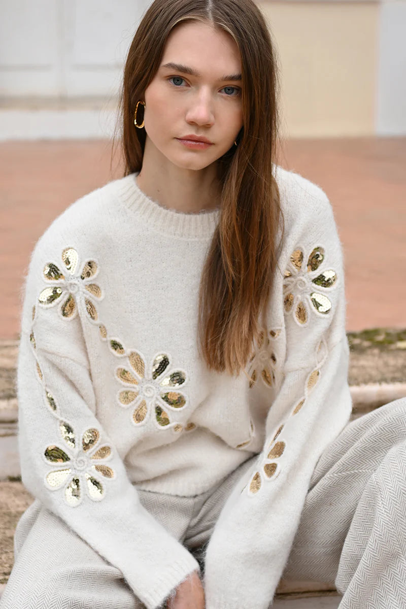 Knitted Sweater W/ Sequin Insert In Flower-Shaped Cutouts