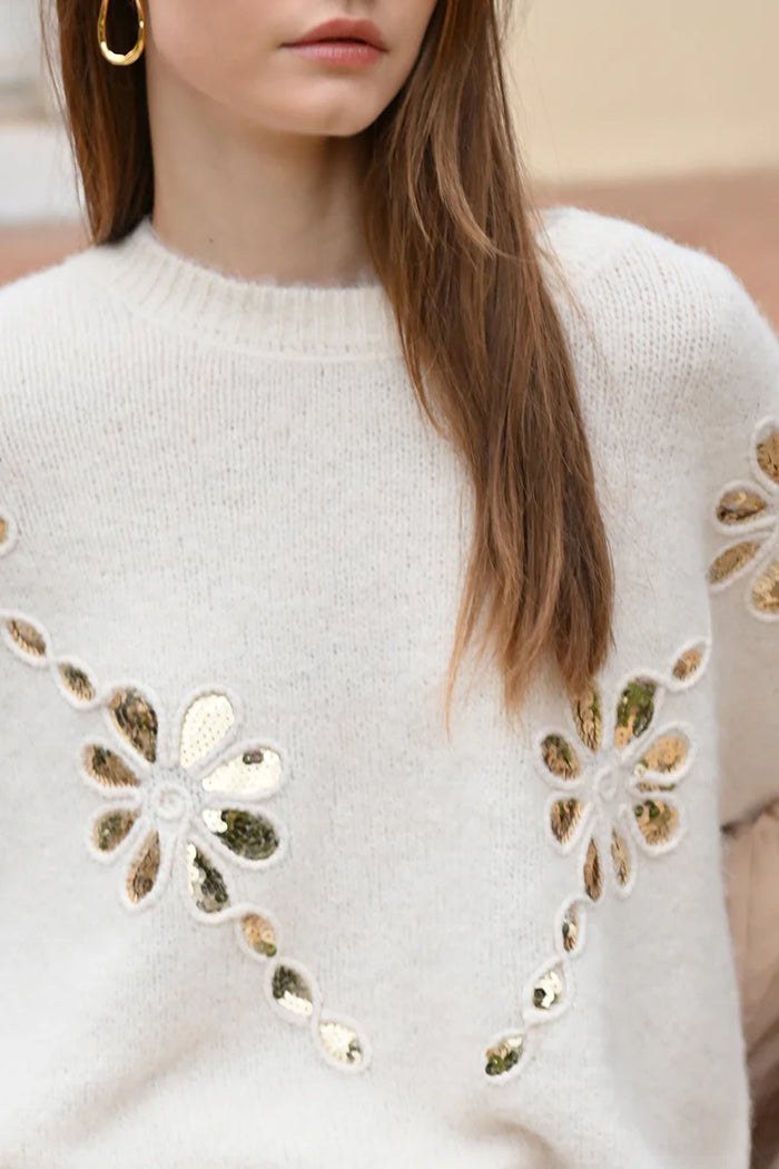Knitted Sweater W/ Sequin Insert In Flower-Shaped Cutouts