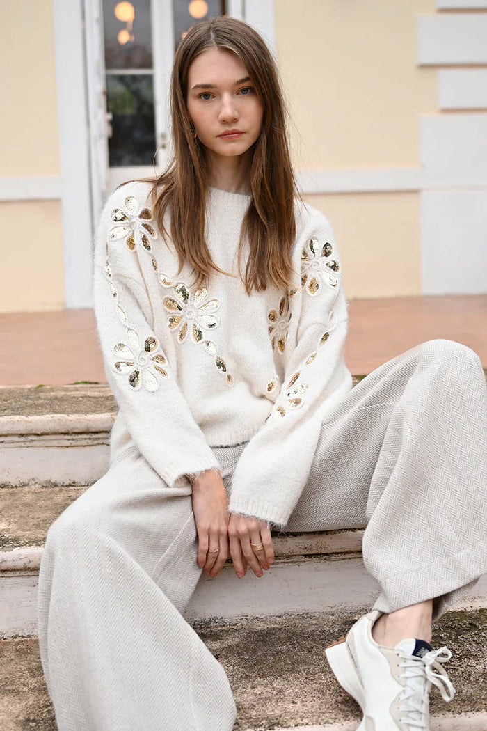Knitted Sweater W/ Sequin Insert In Flower-Shaped Cutouts