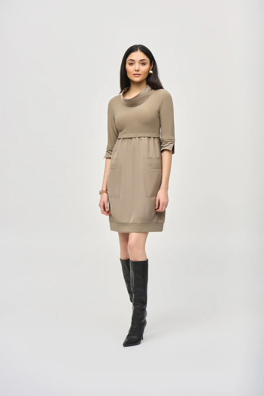 Cowl Neck 3/4 Sleeve Dress W/Front Pockets