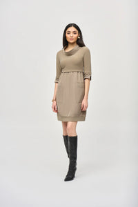 Cowl Neck 3/4 Sleeve Dress W/Front Pockets
