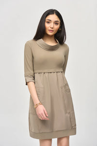 Cowl Neck 3/4 Sleeve Dress W/Front Pockets