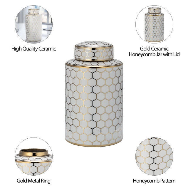 CER, 16" Honeycomb Jar w/Lid, Gold