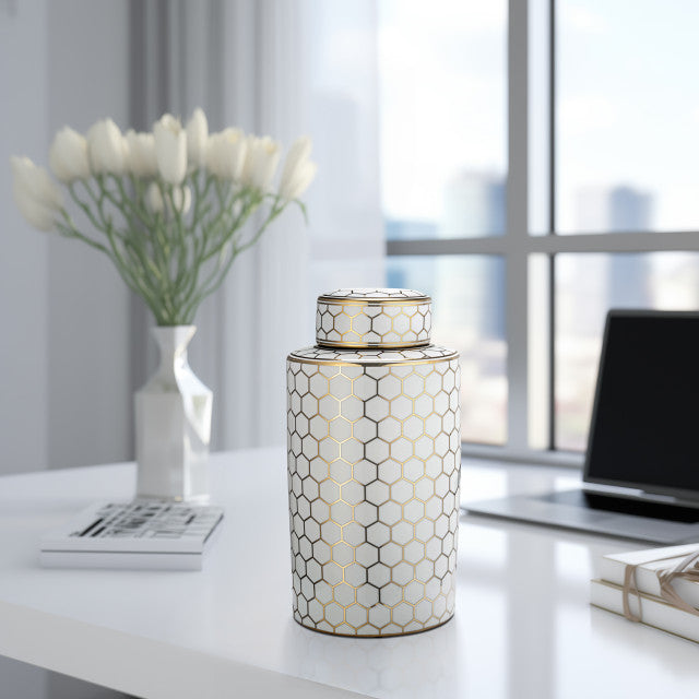 CER, 12" Honeycomb Jar w/Lid, Gold