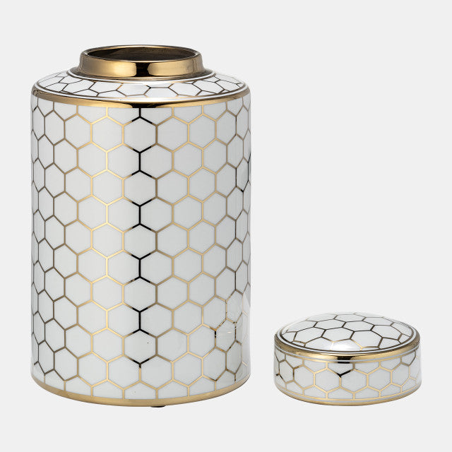 CER, 12" Honeycomb Jar w/Lid, Gold