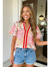 Las Contrast Collared V Neck Floral Blouse