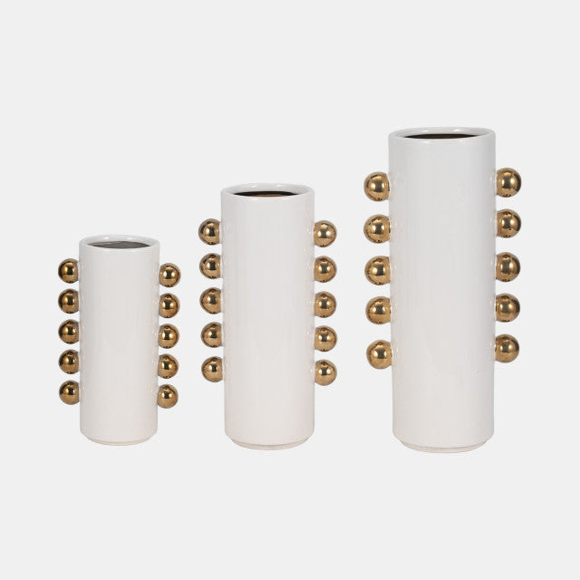 Vase W/ Side Knobs, White/gold