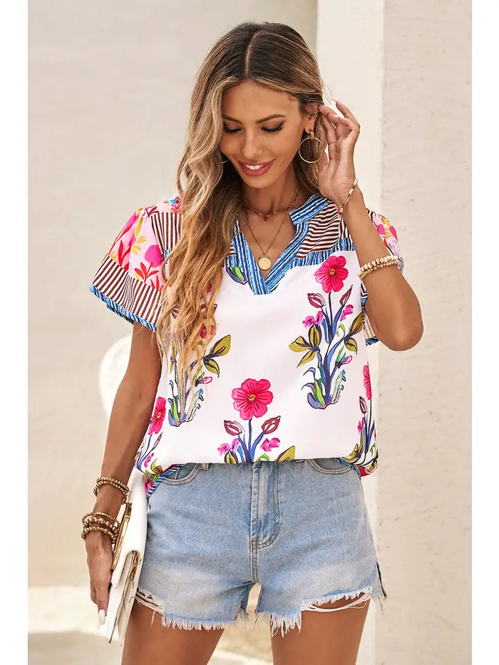 Floral Striped Patchwork Short Sleeve Split Neck Blouse