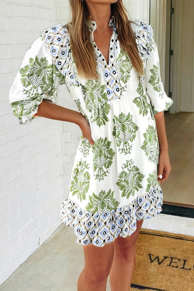 Floral Print Patchwork Ruffle Detail Mini Dress