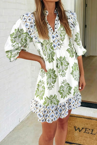 Floral Print Patchwork Ruffle Detail Mini Dress