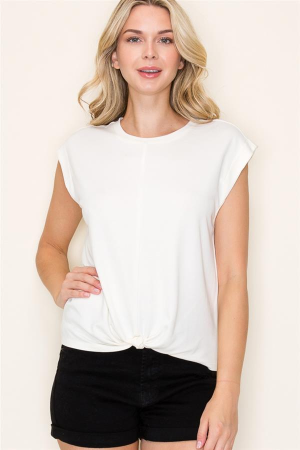 ROUND NECK, KNOTTED HEM SOLID FINE JERSEY TOP