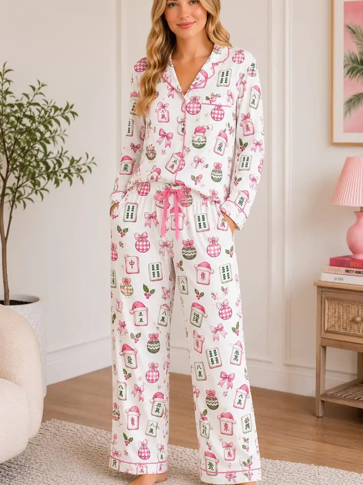 Holiday Collection - Pink Mahjong Christmas Pajama Set