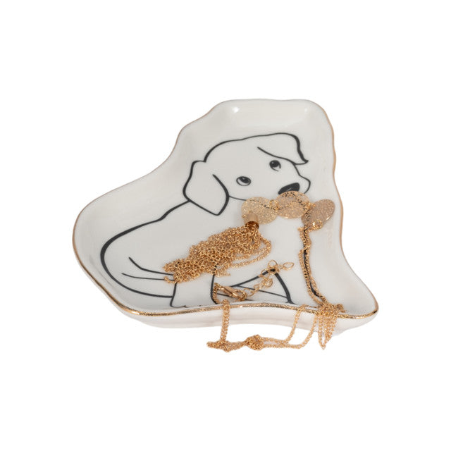 6" Lab Puppy Trinket Tray W/ Gold Detail, White/bl