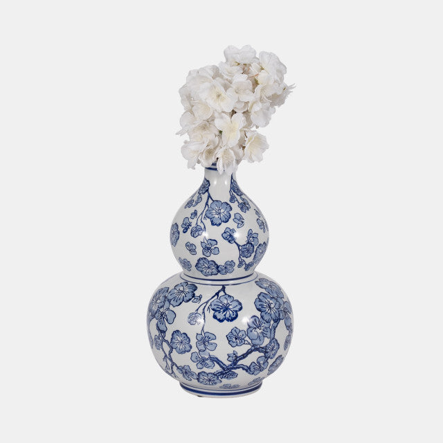 13" Cherry Blossom Chinoiserie Gourd Vase, Blue/wh