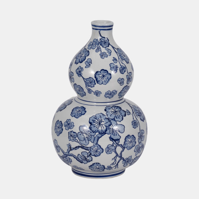 13" Cherry Blossom Chinoiserie Gourd Vase, Blue/wh