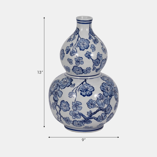 13" Cherry Blossom Chinoiserie Gourd Vase, Blue/wh