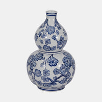 13" Cherry Blossom Chinoiserie Gourd Vase, Blue/wh