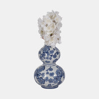 12" Cherry Blossom Chinoiserie Gourd Vase, Blue/wh