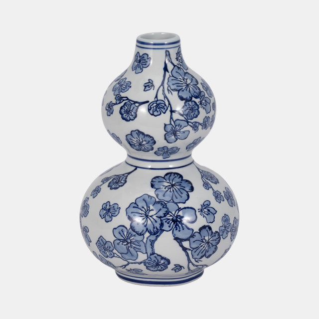 12" Cherry Blossom Chinoiserie Gourd Vase, Blue/wh