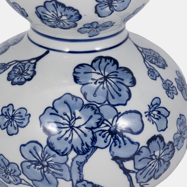 12" Cherry Blossom Chinoiserie Gourd Vase, Blue/wh