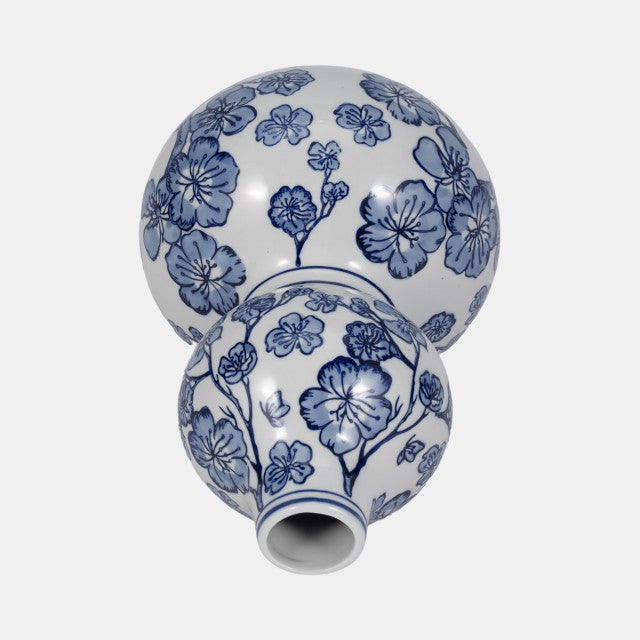 12" Cherry Blossom Chinoiserie Gourd Vase, Blue/wh