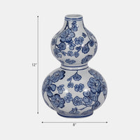 12" Cherry Blossom Chinoiserie Gourd Vase, Blue/wh