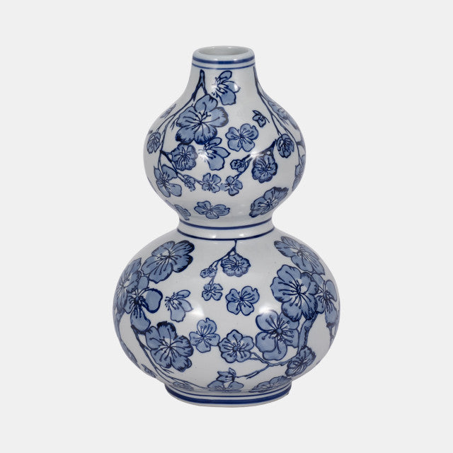 12" Cherry Blossom Chinoiserie Gourd Vase, Blue/wh