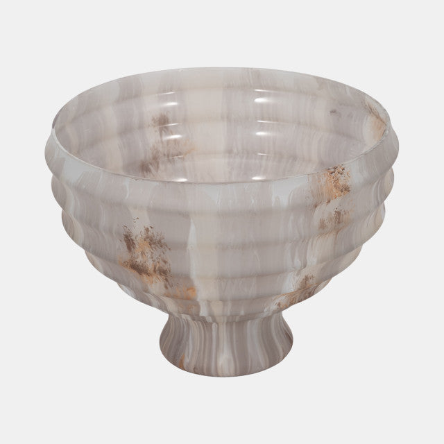 12" Glass Pedestal Bowl Opal Finish, Ivory Multi