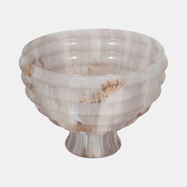 12" Glass Pedestal Bowl Opal Finish, Ivory Multi