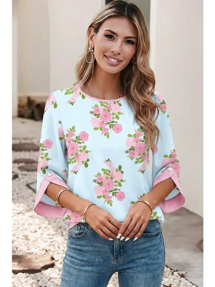 Floral Print Button Cuffed 3/4 Sleeve Round Neck Blouse