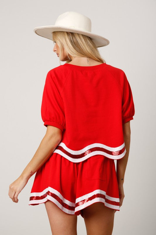 Sequins Stripe Puff Sleeve Crop Top